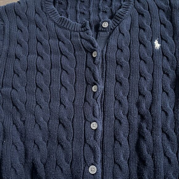POLO RALPH LAUREN Women Cable-Knit Cotton Crewneck Cardigan Blue Large - Picture 4 of 7